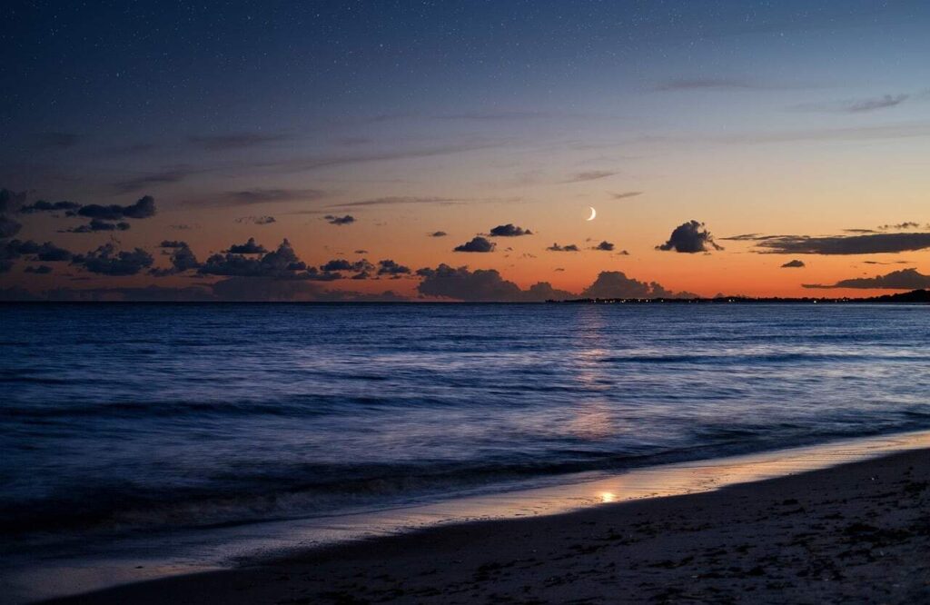 beach, sand, sea, lake, water, dusk, afterglow, night, moon, stars, heaven, nature, clouds