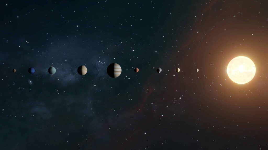 An artistic representation of the solar system showing planets orbiting the sun. planet retrograde