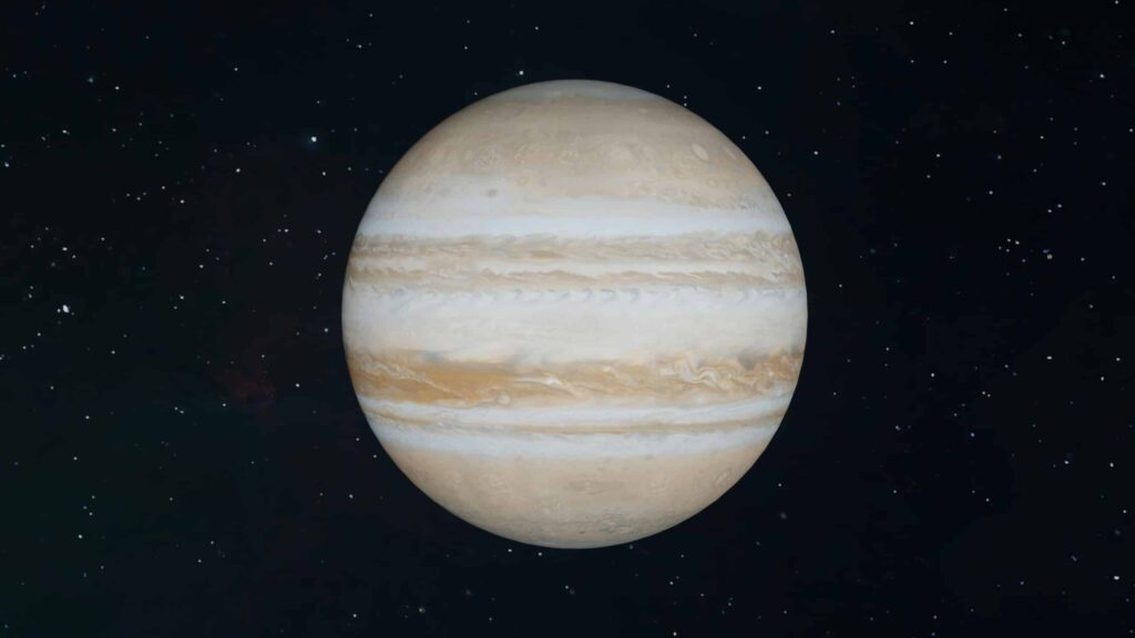Detailed view of Jupiter amid stars, showcasing its iconic bands and vastness.