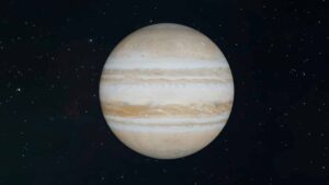 Detailed view of Jupiter amid stars, showcasing its iconic bands and vastness.