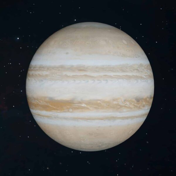 Detailed view of Jupiter amid stars, showcasing its iconic bands and vastness.