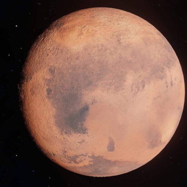 High-resolution image of Mars shining in the vast universe, showcasing its surface details.