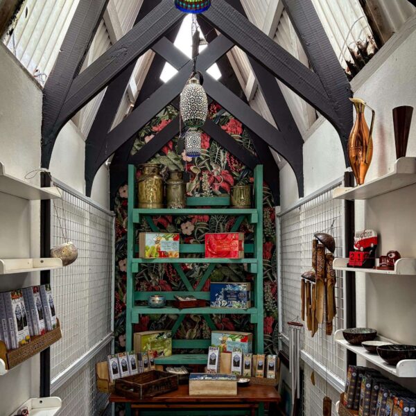 Interior of a charming small shop displaying various items, including some overrated products with vintage-style decor and cozy ambiance.
