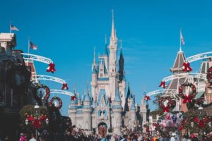Cinderella Castle at Disney World's Magic Kingdom adorned for holiday festivities, Orlando, Florida.