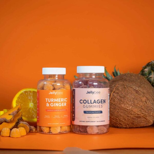 Colorful tropical beauty supplements in gummy form, surrounded by fresh fruits like coconut, pineapple, and orange.