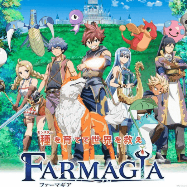 A group of colorful anime characters from the show/game Farmagia.