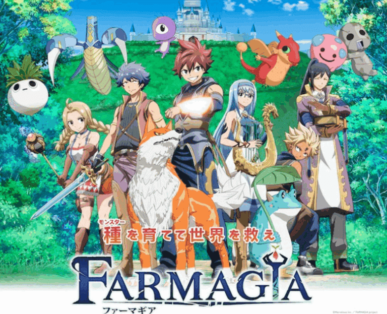 A group of colorful anime characters from the show/game Farmagia.