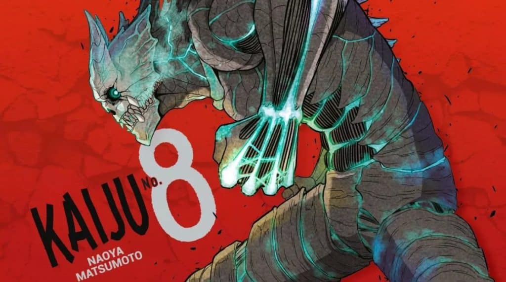 A large, monstrous Kaiju creature and the number 8 on its shoulder from the Kaiju No. 8 anime.