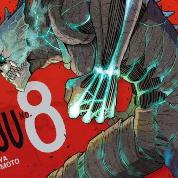 A large, monstrous Kaiju creature and the number 8 on its shoulder from the Kaiju No. 8 anime.