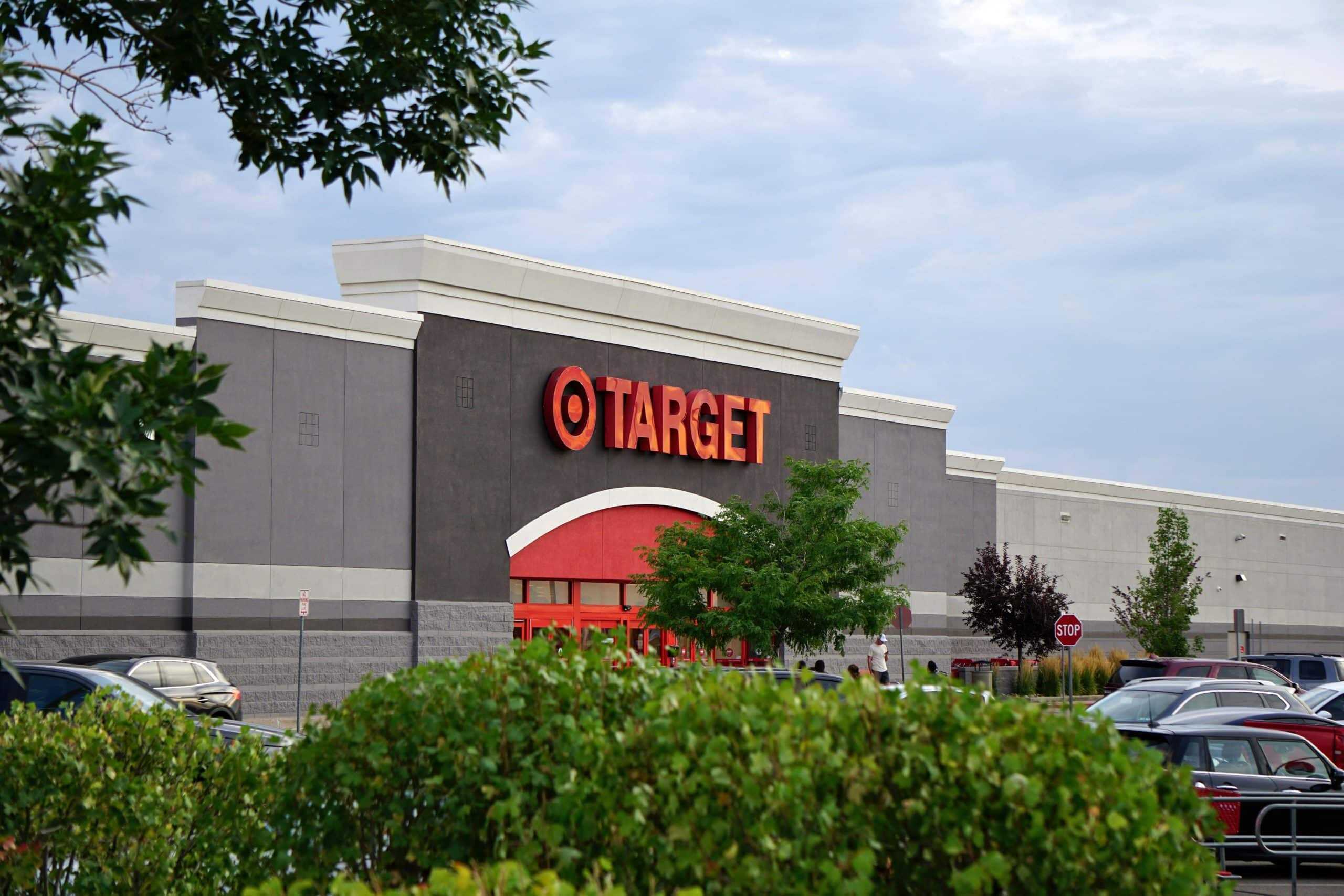 View of a Target store with parking lot, featuring signage and greenery. Target circle week