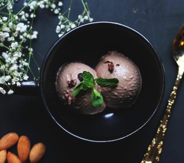 Bowl of rich chocolate dairy-free ice cream topped with mint leaves and sliced almonds, Image by Alisha Mishra via Pexels.