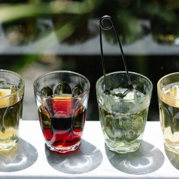 Four glasses of iced beverages in sunlight, showcasing colorful drink variety. summer drinks