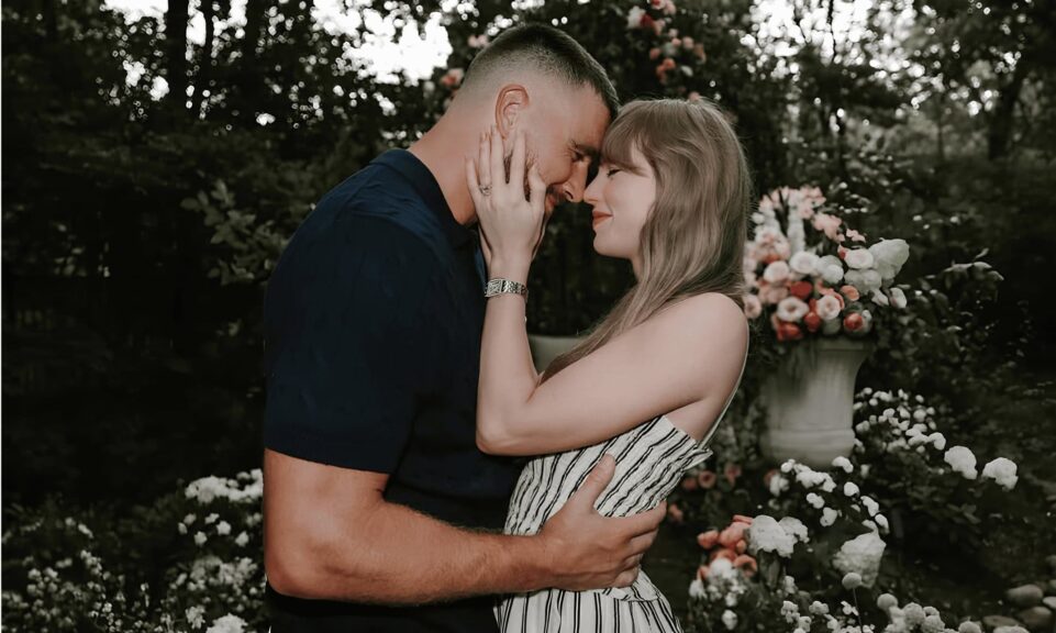 Taylor Swift and Travis Kelce engagement photo. Engagement nails.