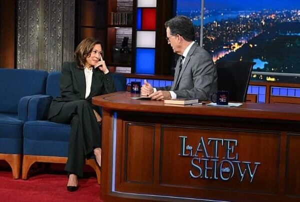 Kamala Harris appears on The Late Show with Stephen Colbert, seated across from Stephen Colbert during a lively interview filled with humor, strategy, and pop culture moments. Image credit: Variety / CBS, from “Stephen Colbert’s Kamala Harris Interview Brought Together Two Beleaguered Symbols of Embattled Institutions,” August 1, 2025.