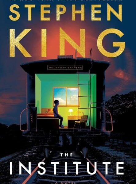 Cover of Stephen King’s novel “The Institute,” showing a young boy sitting in a brightly lit room inside a train car at night, with the title in bold white letters and King’s name in large gold font above. Image by Courtesy of Amazon and Scribner Publishing.