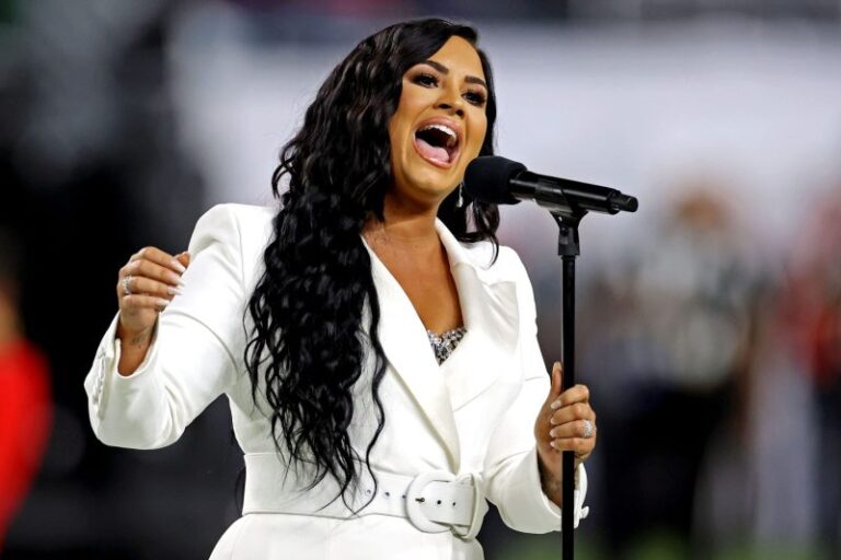 Demi Lovato performs the national anthem before Super Bowl LIV