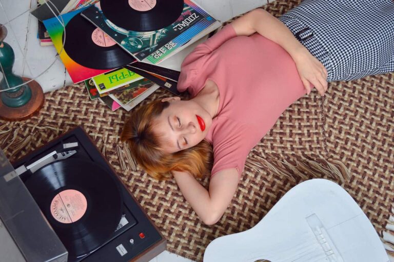 music, sound therapy, woman, turntable, vintage, guitar, music, sound, phonograph records, vinyl record, record, record player, listening to music, relaxation, leisure, entertainment, nostalgia, retro, plaid, floor, girl, turntable, vinyl record, record player, record player, record player, record player, record player
