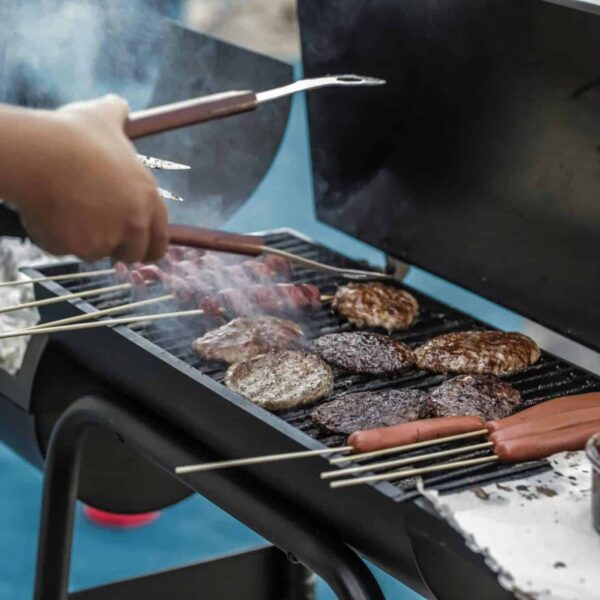 Delicious meats and sausages grilling on a barbecue outside, perfect for a summer picnic. 2-zone grilling