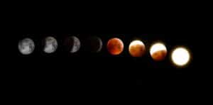 A stunning sequence of moon phases during a lunar eclipse, showcasing the transition from full moon to totality. lunar phases