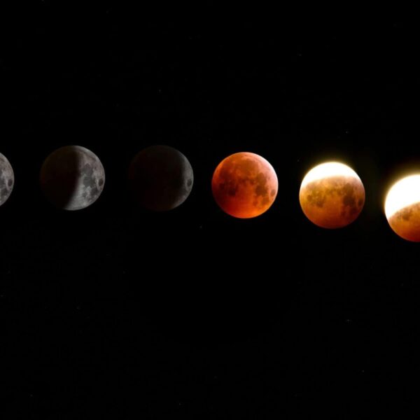 A stunning sequence of moon phases during a lunar eclipse, showcasing the transition from full moon to totality. lunar phases
