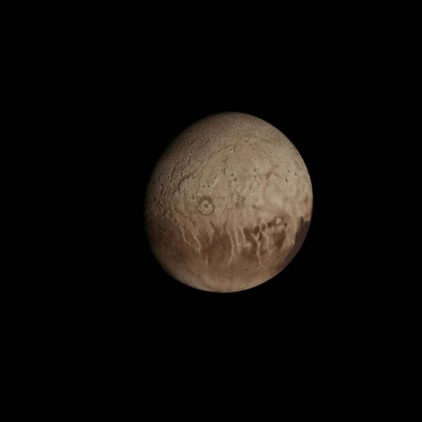 Detailed view of Pluto in space, showcasing its unique terrain and surface.