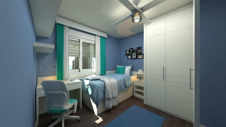 Dorm Room Essentials Contemporary bedroom decor with blue tones, modern furniture, and bright lighting.