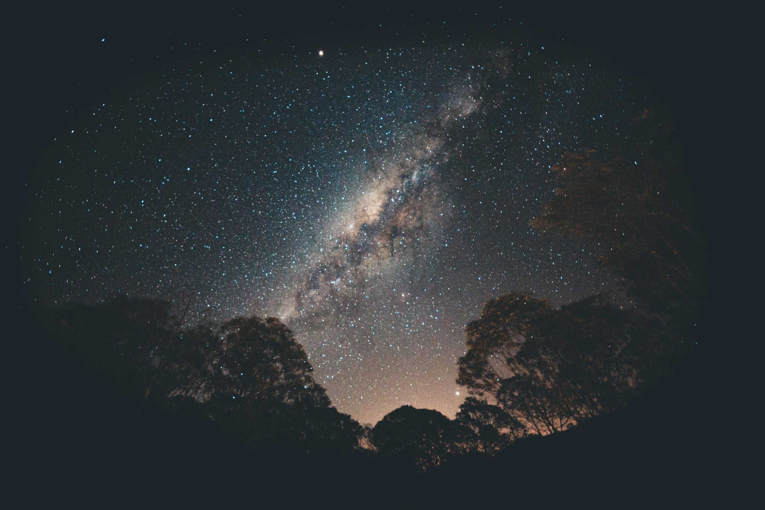 Stunning view of the Milky Way galaxy over silhouetted trees in a tranquil night setting. Ceres Retrograde