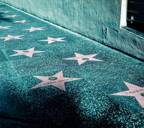 View of Hollywood Walk of Fame with stars on the sidewalk in Los Angeles, California.