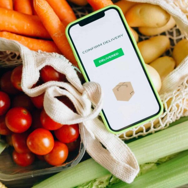 This photo contains fresh produce, a carrying bag, and confirmation of delivery via phone. Vegan meal delivery services can help make a vegan diet easier to maintain.