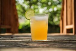 clear drinking glass with drink and lime slice / National Rum Day