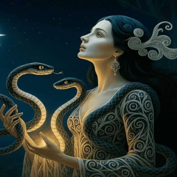 Mystical woman with flowing dark hair and glowing serpents gazes at a radiant star in a moonlit forest—symbolizing transformation and celestial guidance for the Ophiuchus daily horoscope.