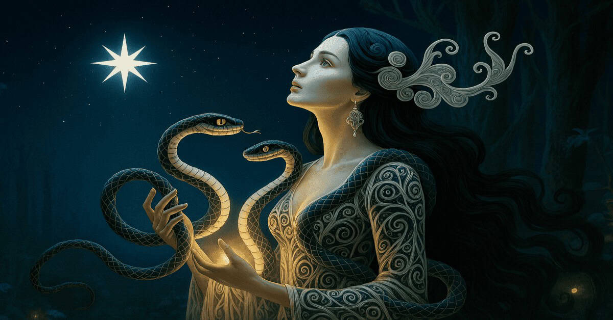 Mystical woman with flowing dark hair and glowing serpents gazes at a radiant star in a moonlit forest—symbolizing transformation and celestial guidance for the Ophiuchus daily horoscope.