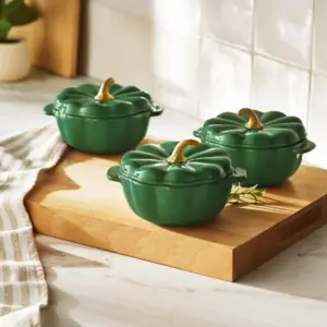 Fall collection, The Pioneer Woman Ceramic Pumpkin 2 Cup Mini Cocottes with Lids Set of 3, Green