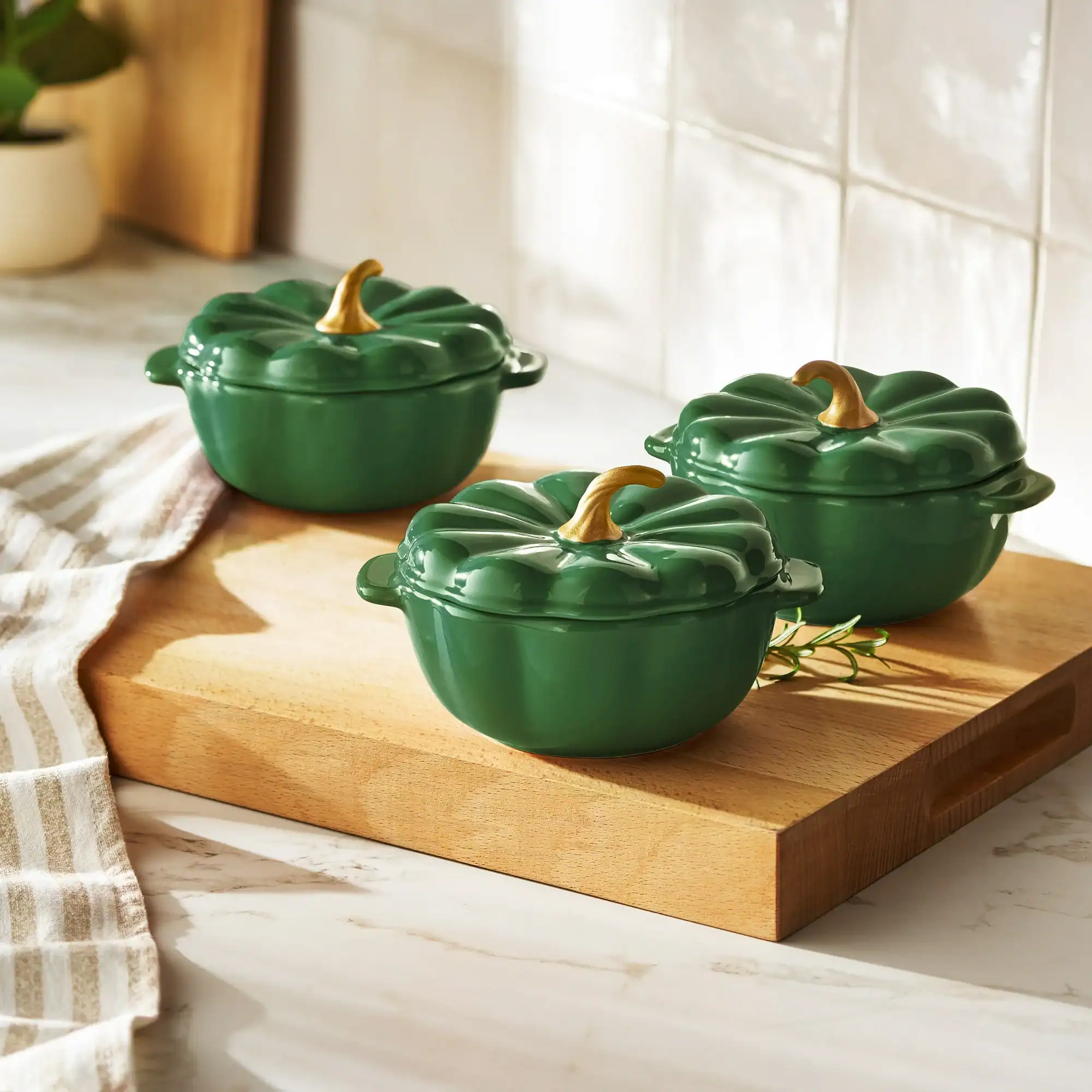 Fall collection, The Pioneer Woman Ceramic Pumpkin 2 Cup Mini Cocottes with Lids Set of 3, Green