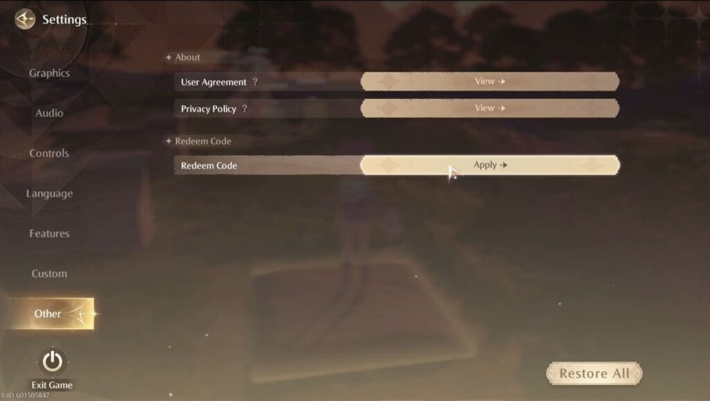 Infinity Nikki options screen