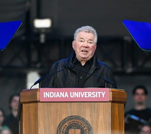 William Shatner speaks during the Hoosier Cosmic Celebration at Memorial Stadium on Monday, April 8, 2024.