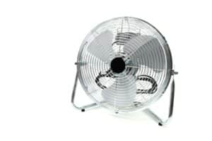 Sleek stainless steel industrial fan with metal blades, similar in design to attic fan motors, isolated on a white background.