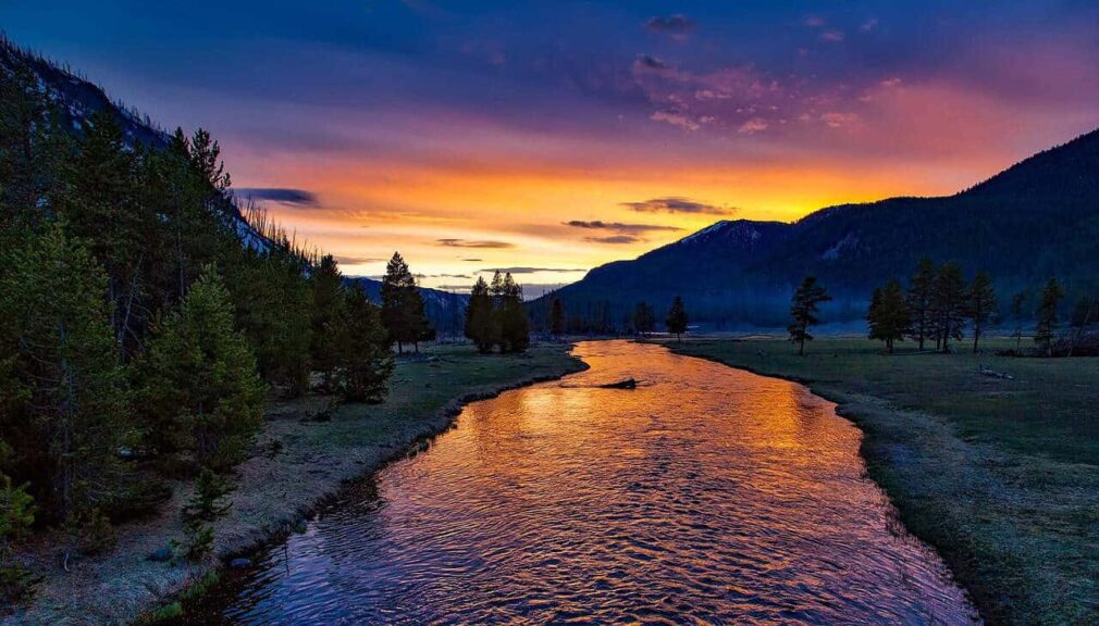 national parks, fall, river, mountains, sunset, dusk, twilight, trees, conifers, water, mountain range, mountainous, landscape, nature, fields, yellowstone national park, evening, scenic, idyllic, meadow, outdoors, countryside, wilderness, reflections, madison river, sky, clouds, wyoming, river, river, river, river, river