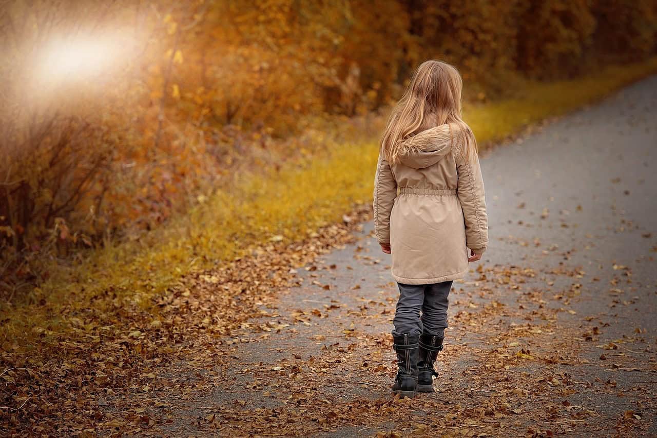 person, human, child, girl, path, fall, outdoors, leaves, nature, walk, to stroll, 
