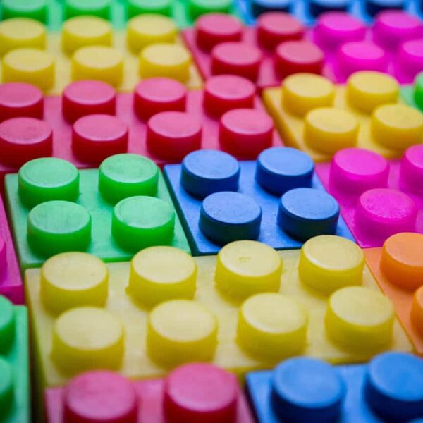 This photograph features LEGO-style building bricks. You can donate toys such as these to help children.