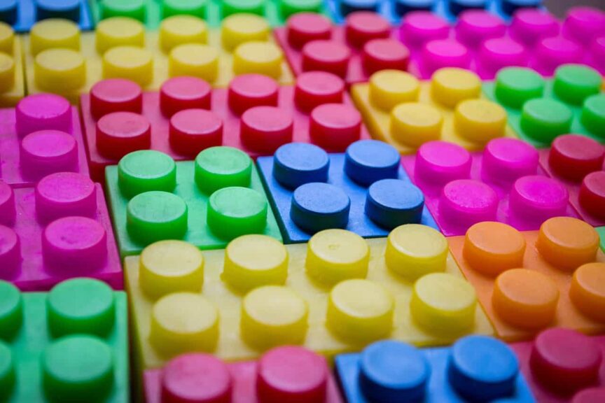 This photograph features LEGO-style building bricks. You can donate toys such as these to help children.