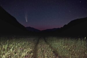 Asteroids, Stunning night landscape of a shooting star and field under a starry sky. Perfect for nature lovers.