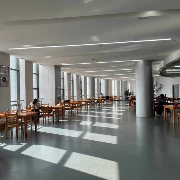 campus food trends, A modern university canteen in China with wooden tables and natural daylight streaming in.