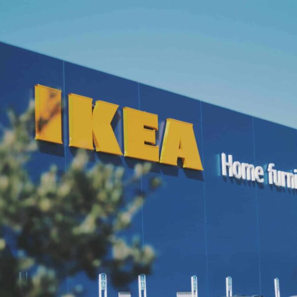 Beautiful image of a blue IKEA storefront with visible home furnishings sign.