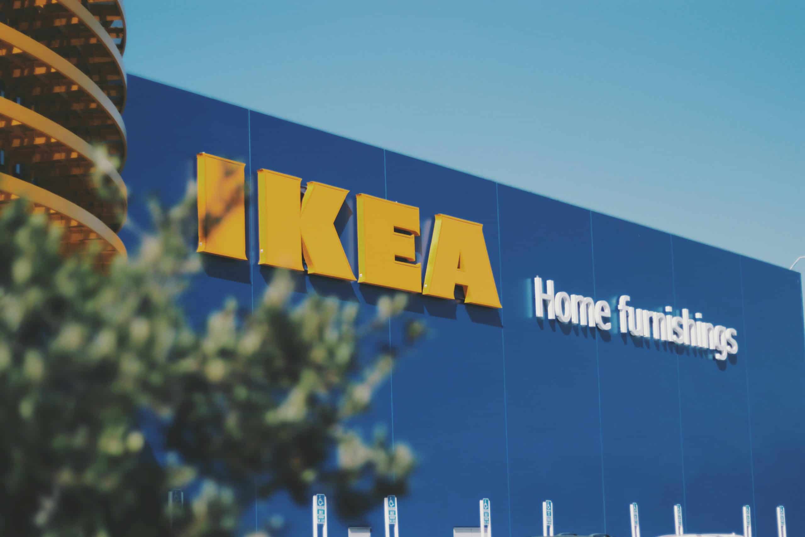 Beautiful image of a blue IKEA storefront with visible home furnishings sign.