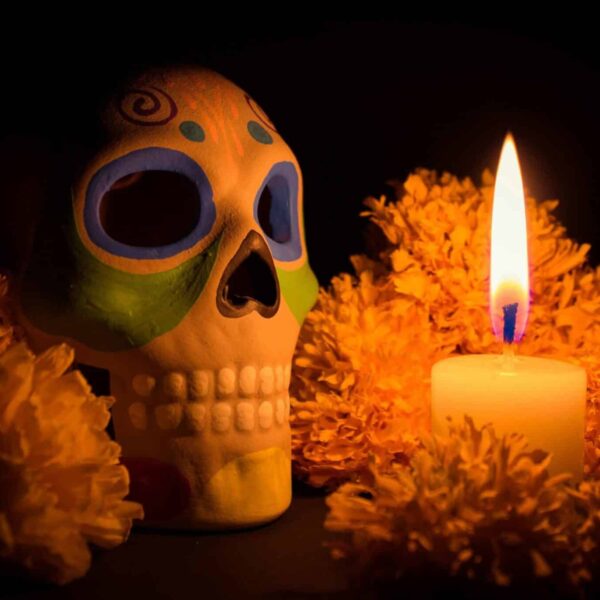 Stewardship, harvest season, Colorful skull and candlelight with marigold flowers for Dia de los Muertos.