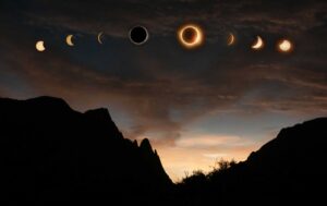 Sequence of solar eclipse phases captured over the dramatic silhouette of Lerdo, Mexico at sunset.