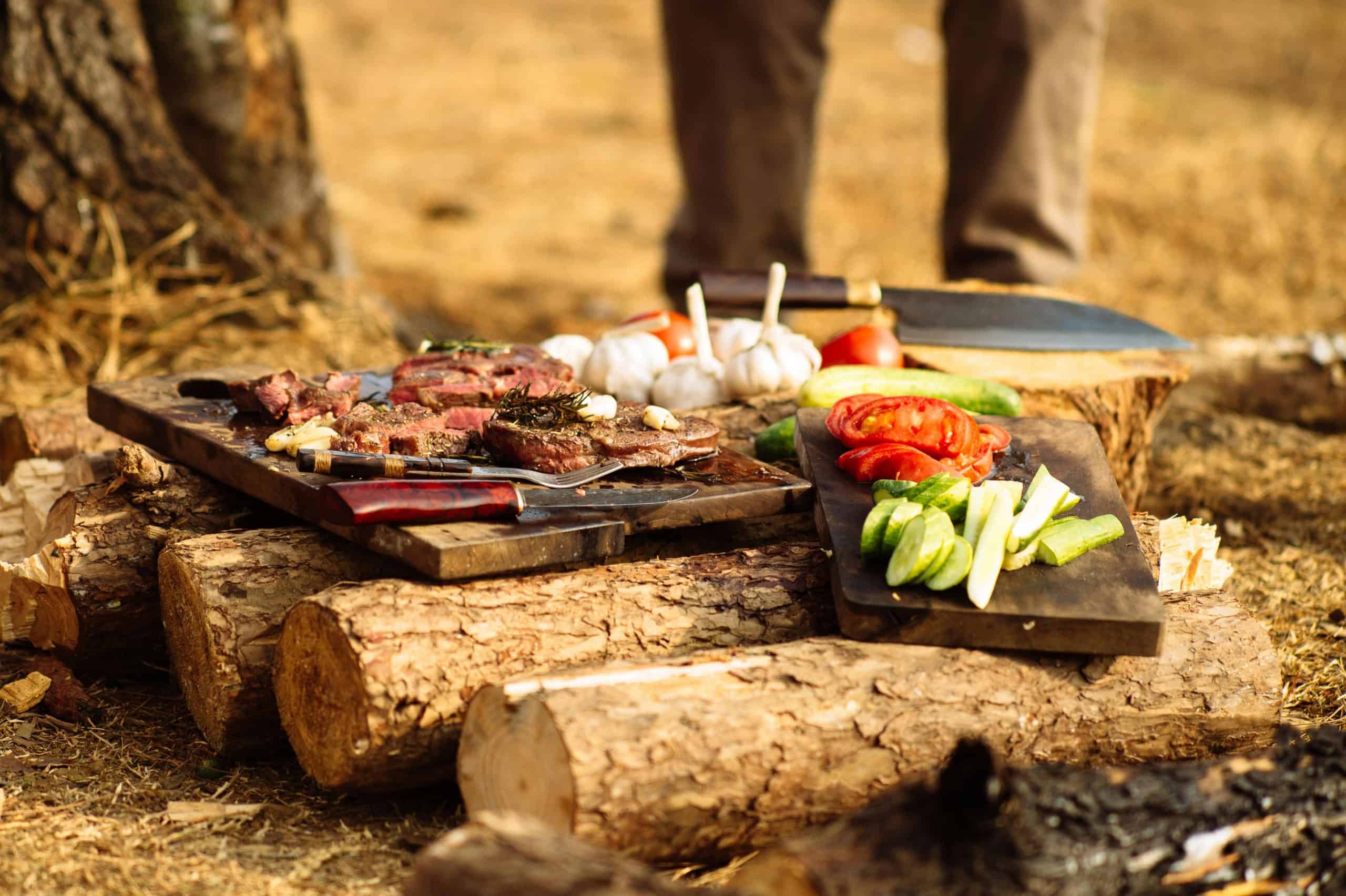 A rustic outdoor cooking setup featuring fresh sliced vegetables and grilled meat on logs.