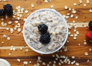 This is a photograph of overnight oats. Overnight oats can be perfect for fall breakfasts.