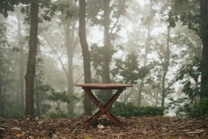 outdoor furniture, winterizing, A wooden table stands alone in a foggy forest, surrounded by dense trees and mist.
